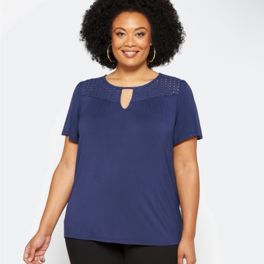 Papermoon Navy Studded Keyhole Short Sleeve Blouse
